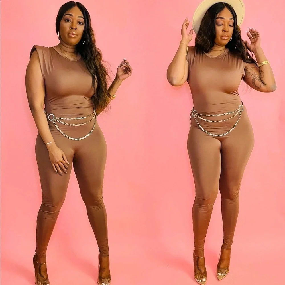 J. ELISE BOUTIQUE FITTED BODYCON COFFEE POWER SHOULDER SLEEVELESS SOLID JUMPSUIT